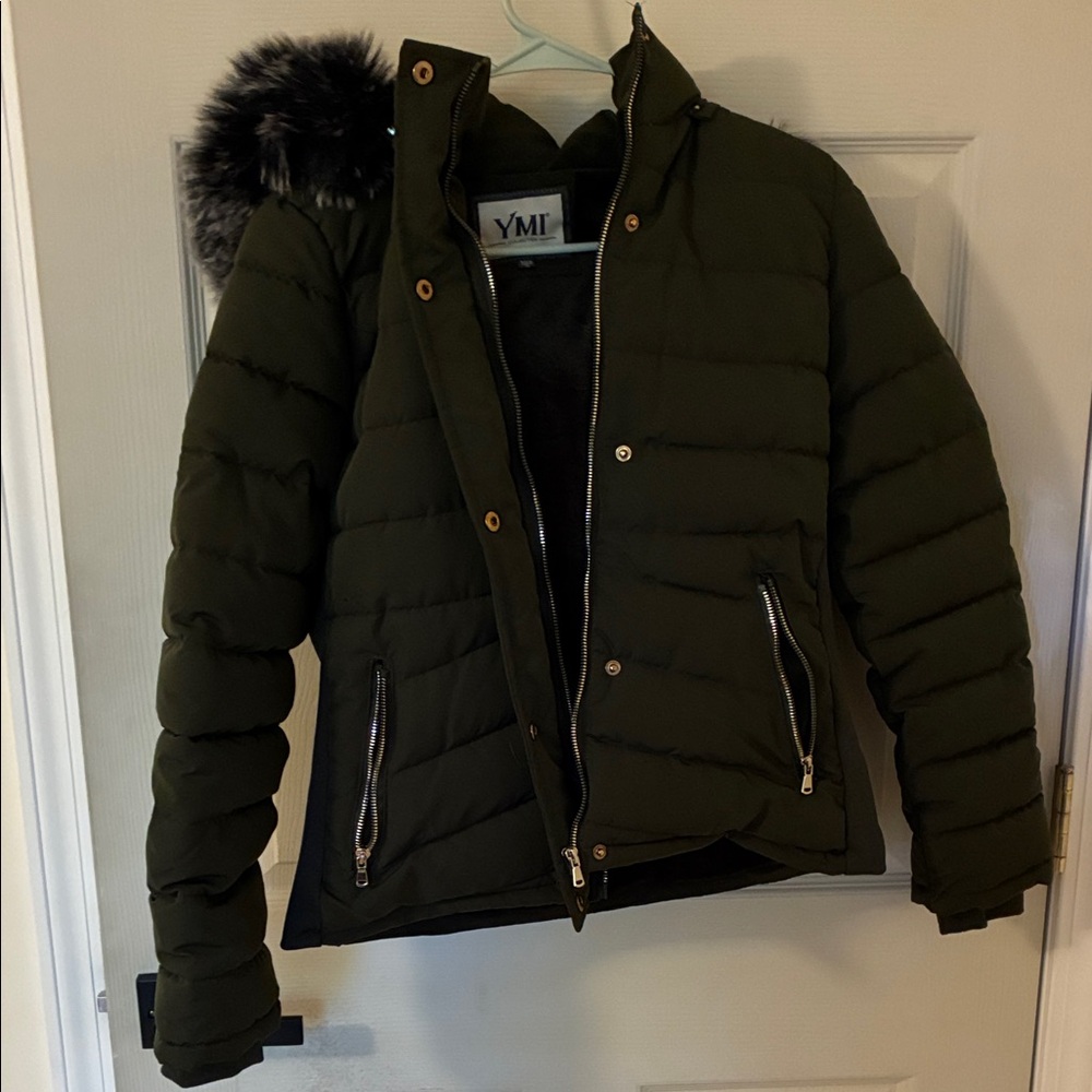 YMI Olive Puffer Jacket with Faux Fur Trim